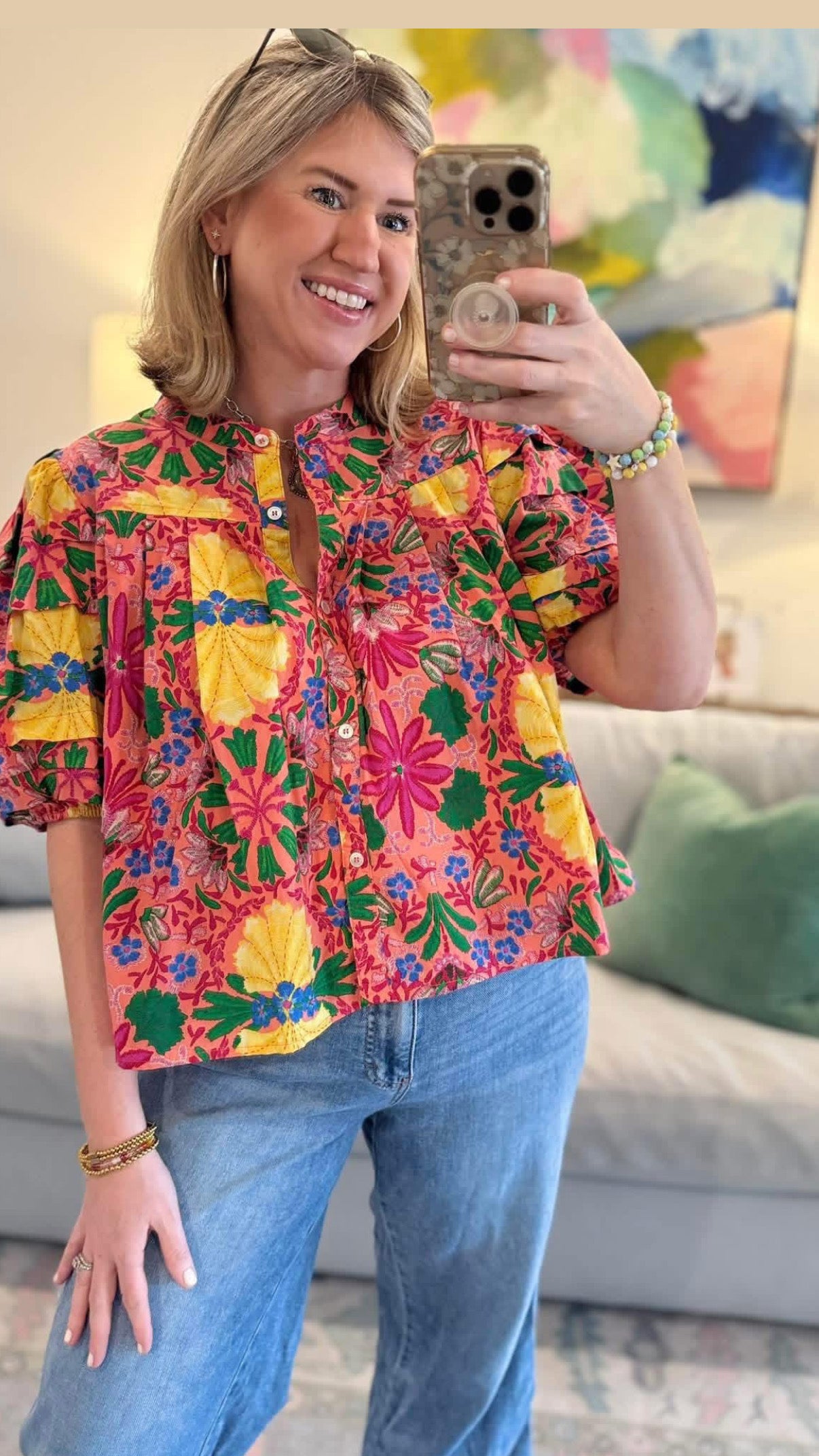 PLEATED SPRING FLORAL BLOUSE