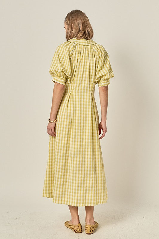 GINGHAM PUFF SLEEVE MIDI - PISTACHIO