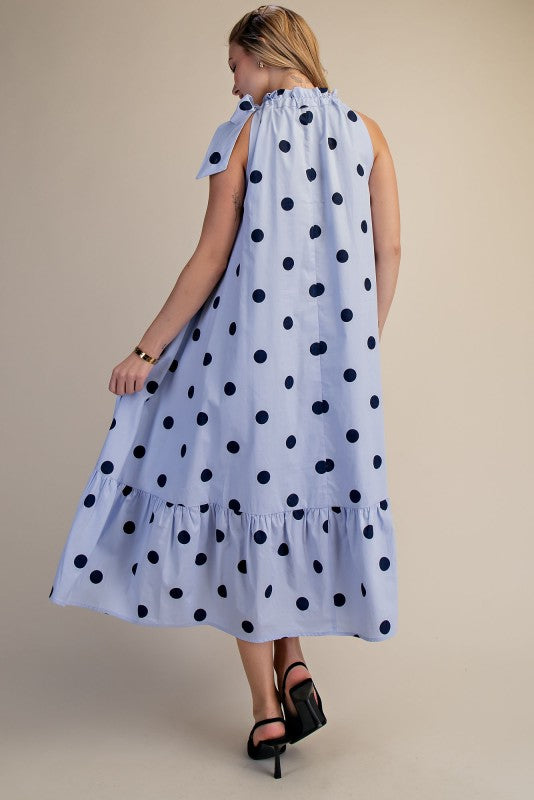 RUFFLED NECK TIE POLKA DOT MIDI - BLUE
