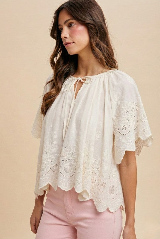 FLORAL EYELET COTTON SCALLOPED BLOUSE
