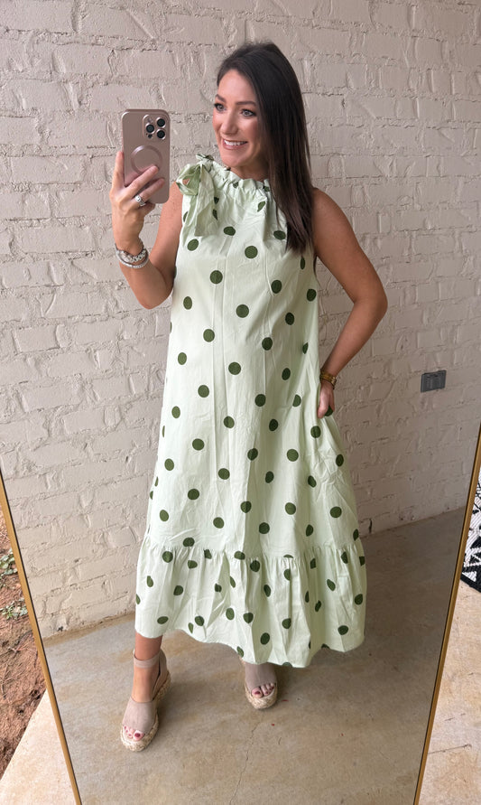 RUFFLED NECK TIE POLKA DOT MIDI - GREEN