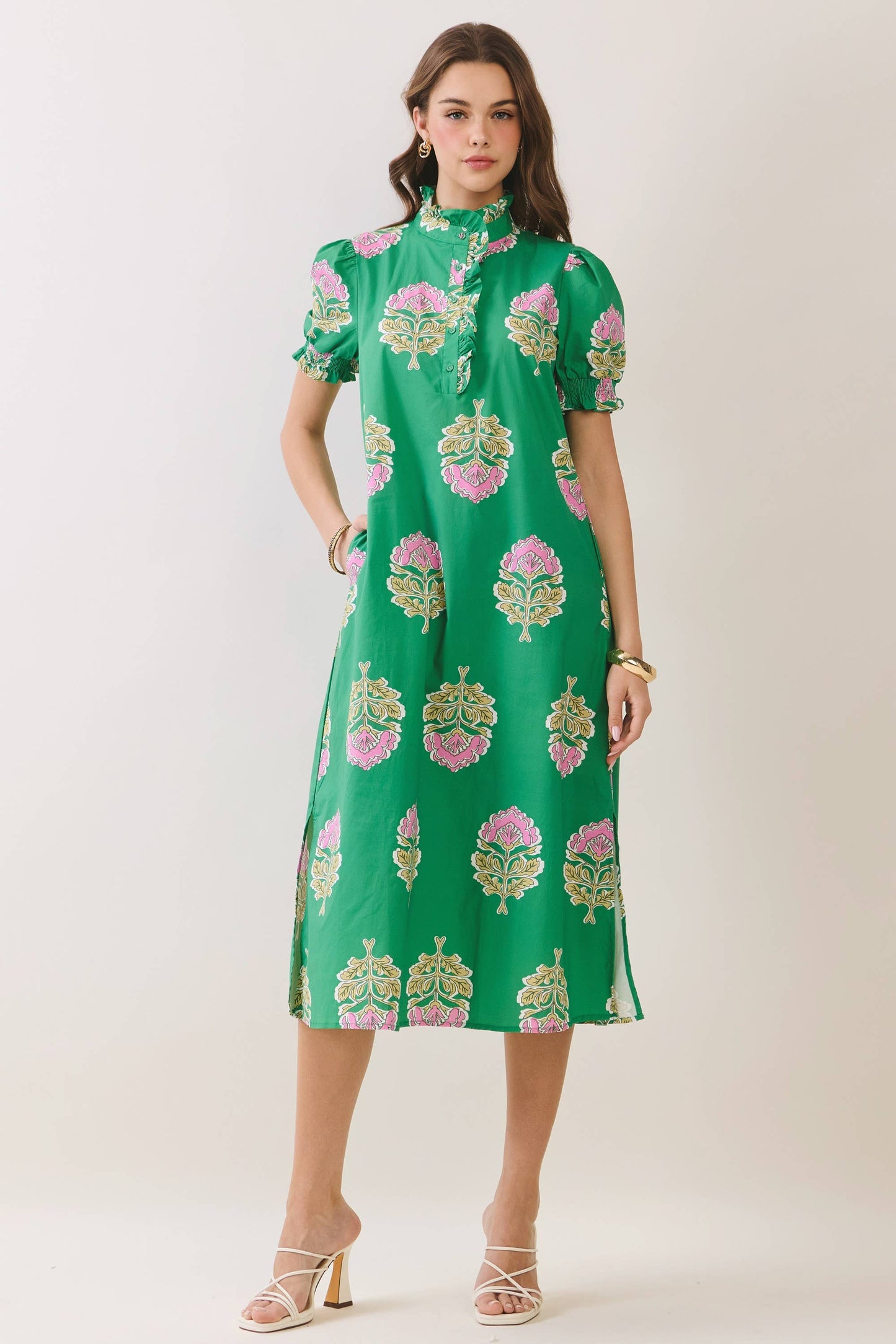 FLORAL PRINT RUFFLE COLLAR MIDI
