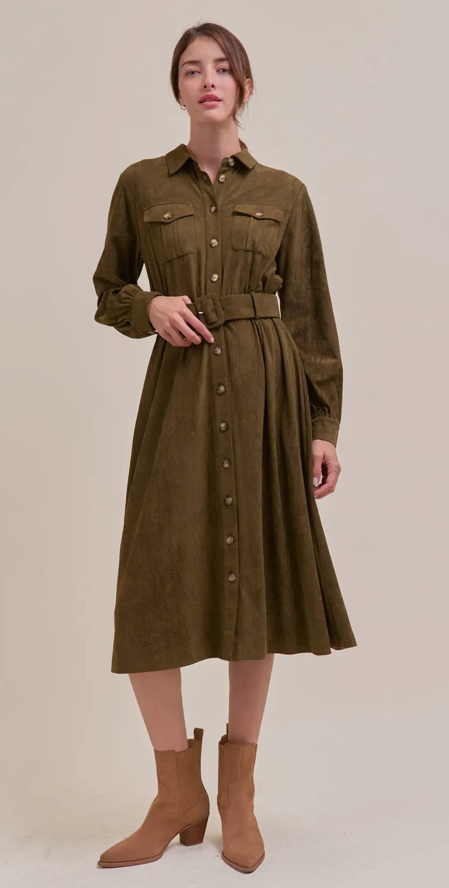 SUEDE SHIRT MIDI DRESS