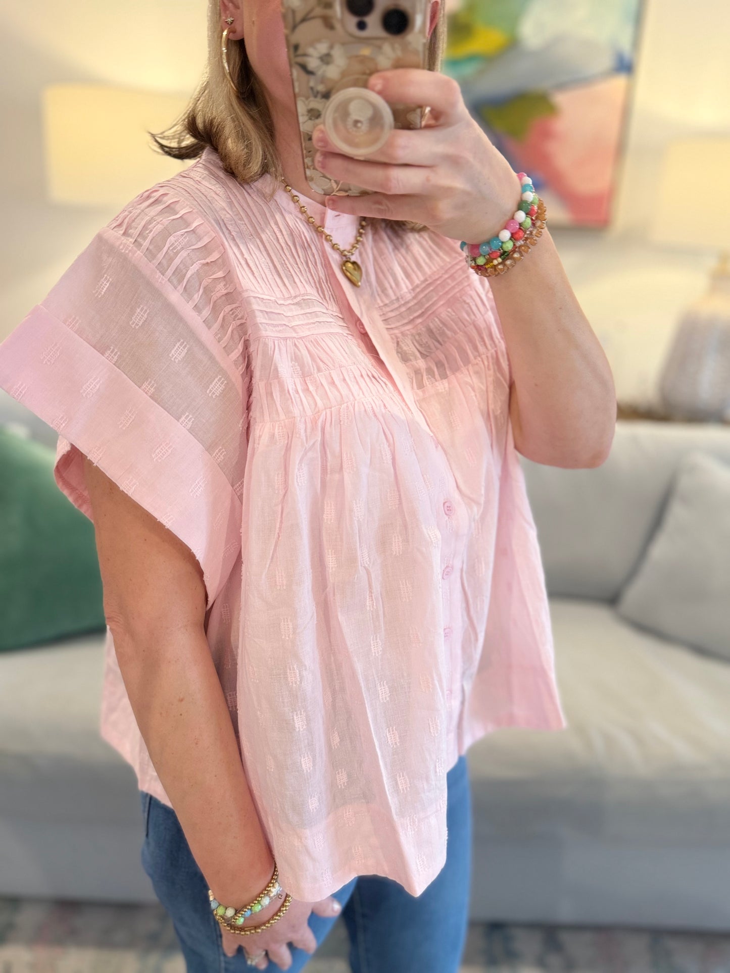 RUFFLED BUTTON UP BABY PINK TOP
