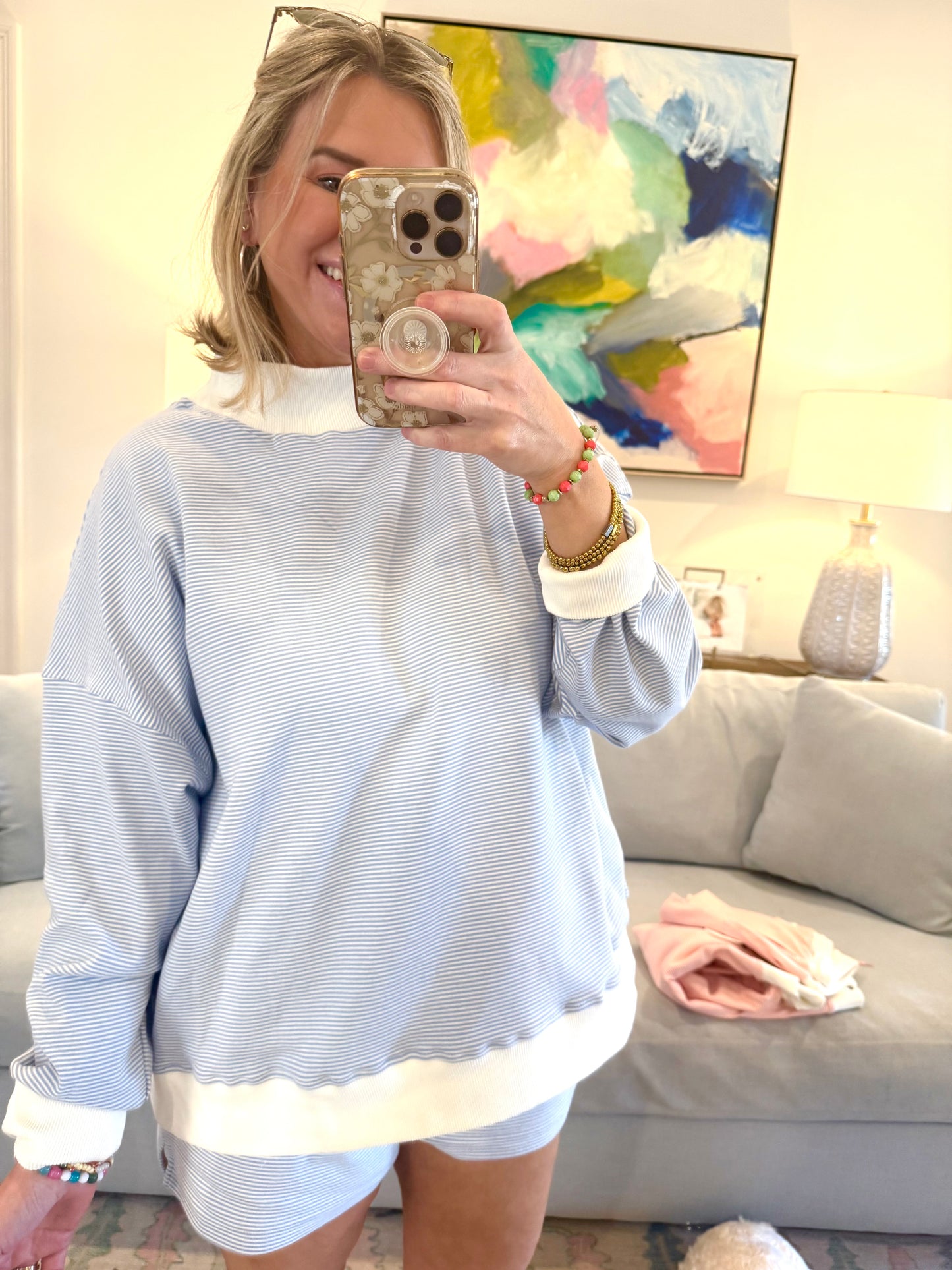 MOCK NECK STRIPED SWEATSHIRT TOP & SHORT SET - BLUE
