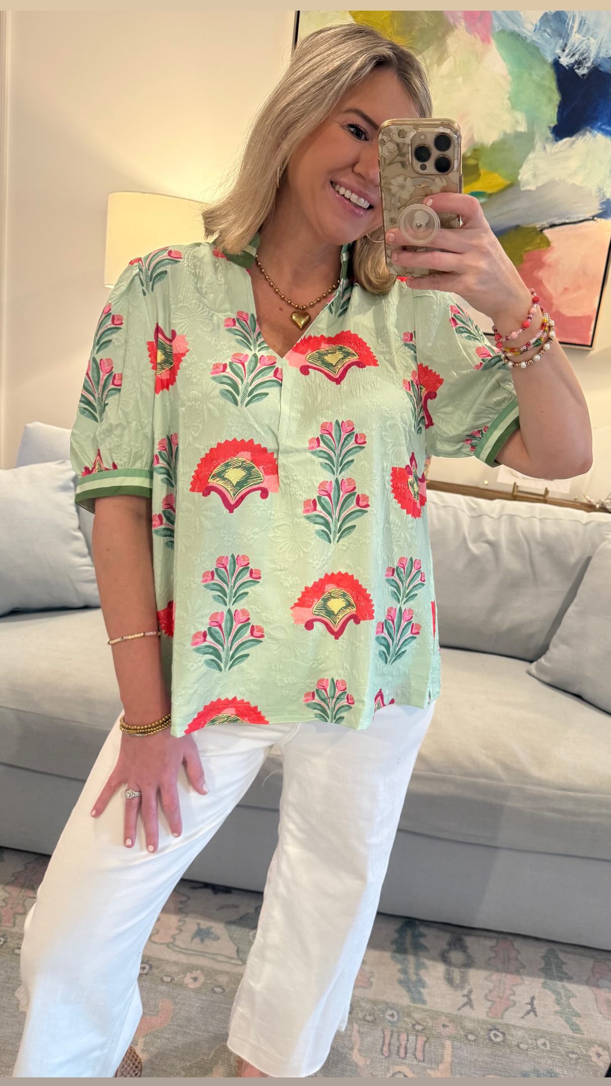 ABSTRACT JACQUARD PRINT TOP - LT SAGE