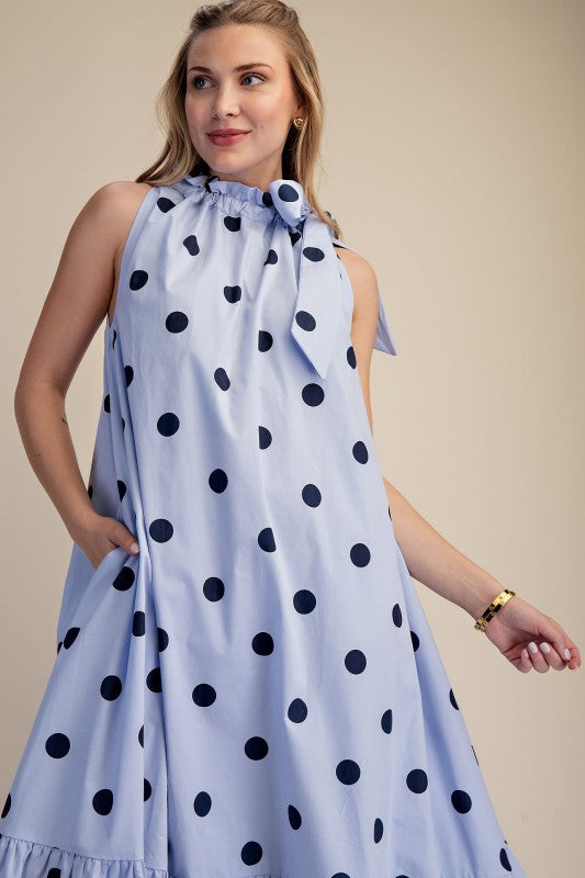 RUFFLED NECK TIE POLKA DOT MIDI - BLUE