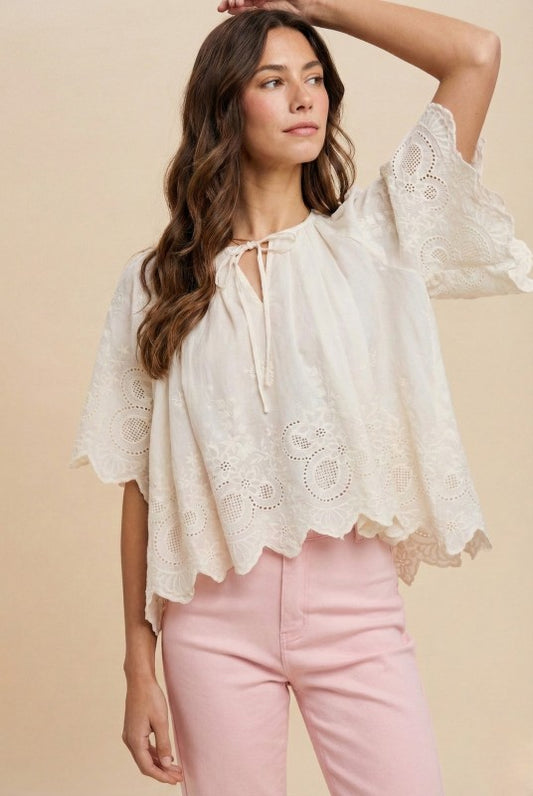 FLORAL EYELET COTTON SCALLOPED BLOUSE