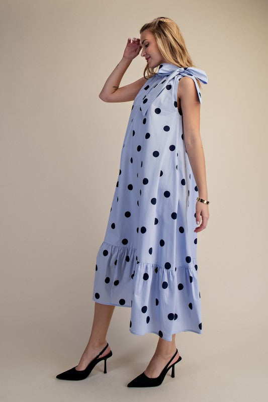 RUFFLED NECK TIE POLKA DOT MIDI - BLUE