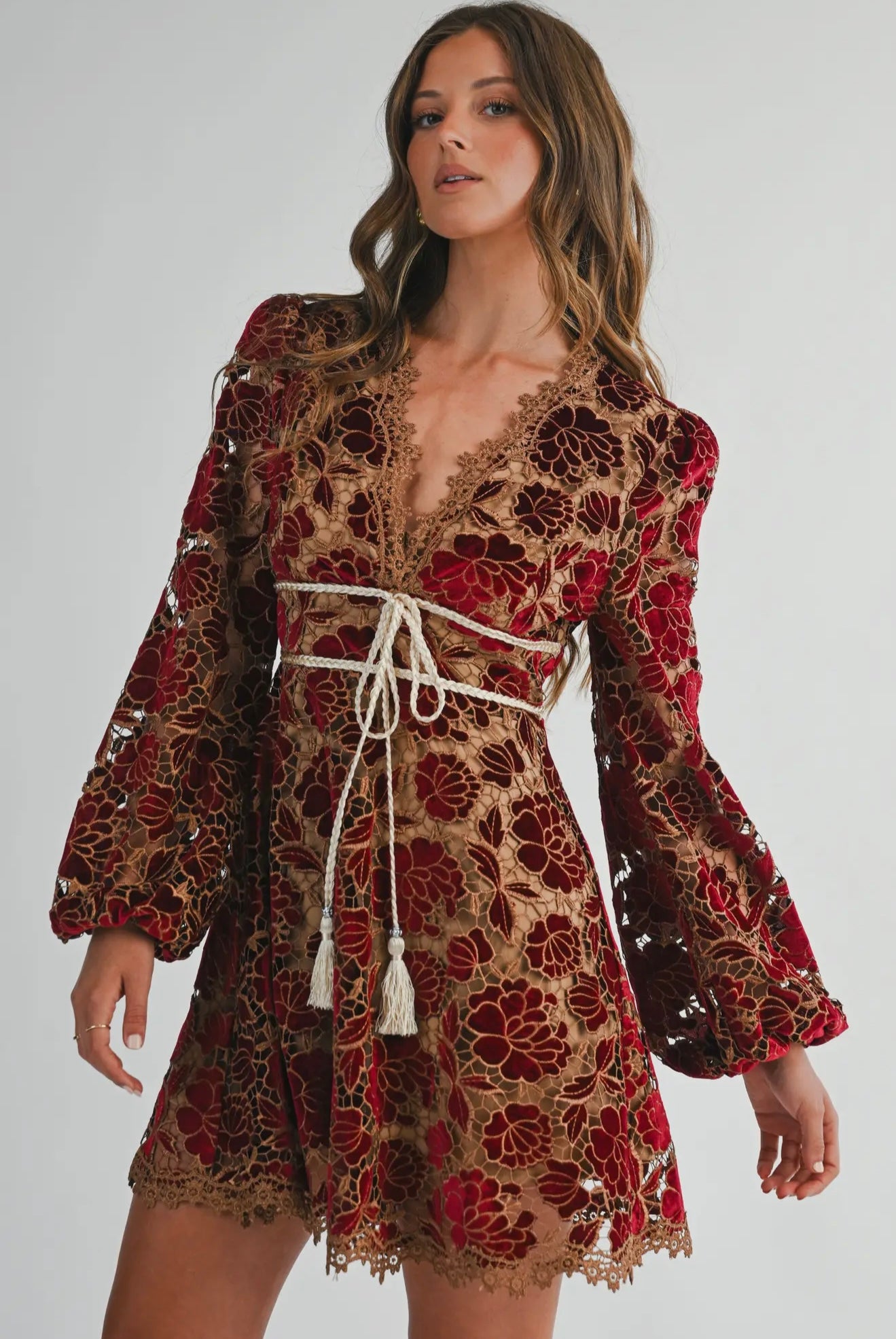 VELVET EMBROIDERED LACE DRESS