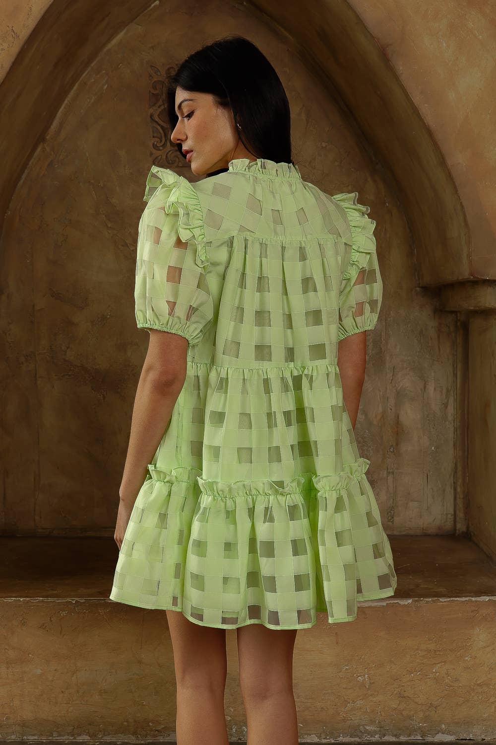 CHECKERED TIERED MINI DRESS