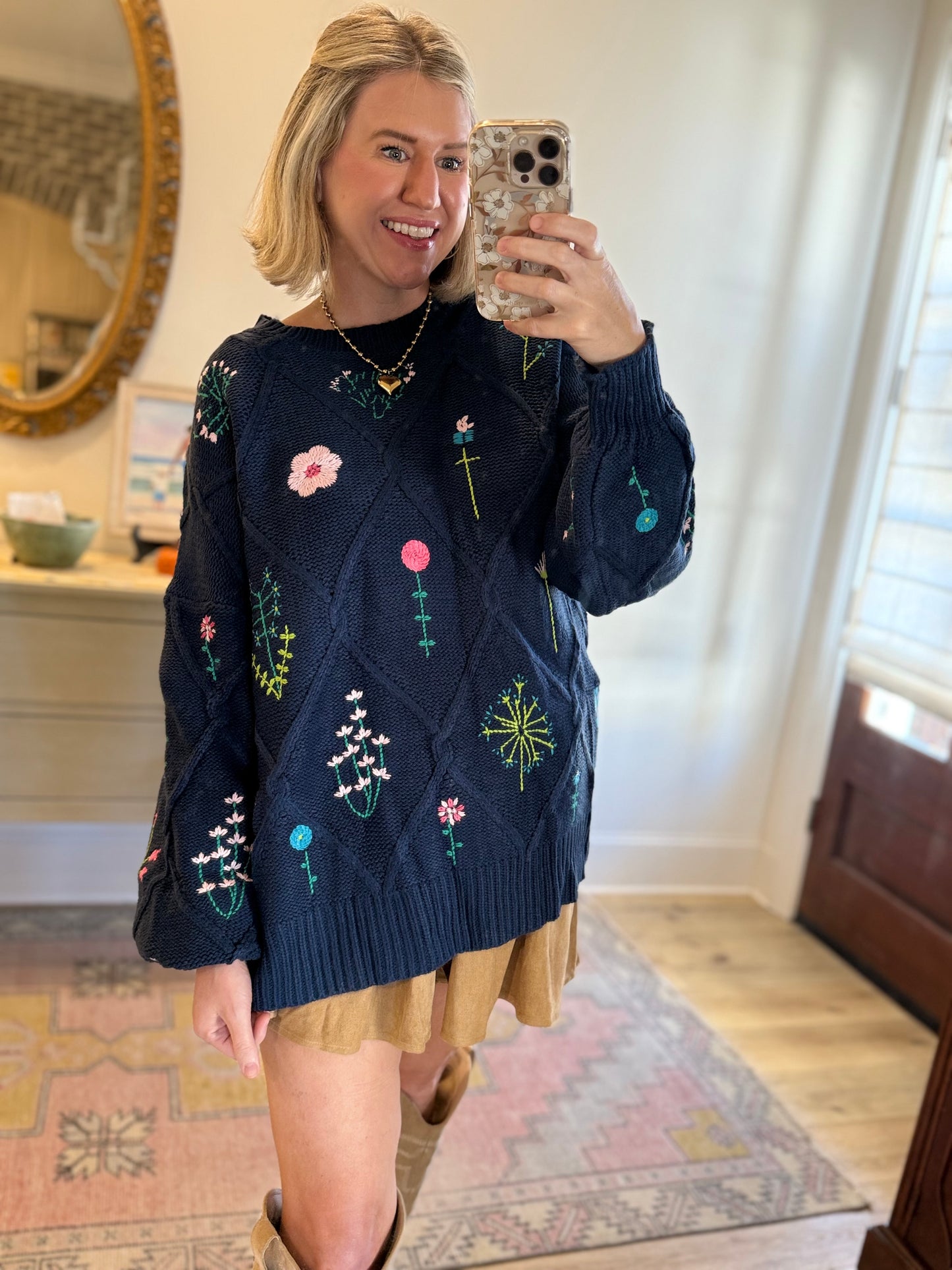 FLORAL EMBROIDERED CABLE KNIT SWEATER - NAVY