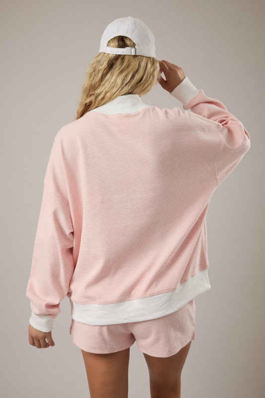 MOCK NECK STRIPED SWEATSHIRT TOP & SHORT SET - PEACH
