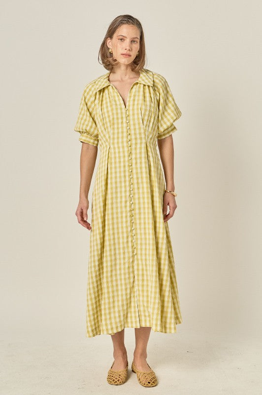 GINGHAM PUFF SLEEVE MIDI - PISTACHIO