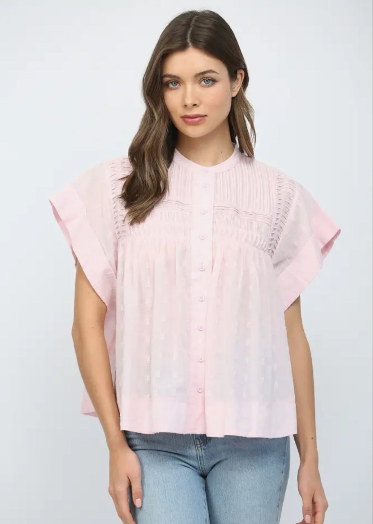 RUFFLED BUTTON UP BABY PINK TOP