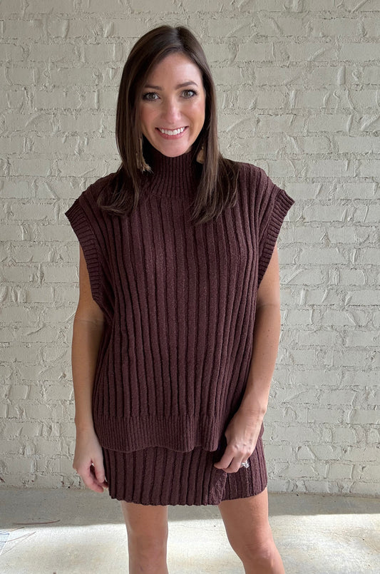 RIBBED SWEATER & MINI SKIRT SET - BROWN
