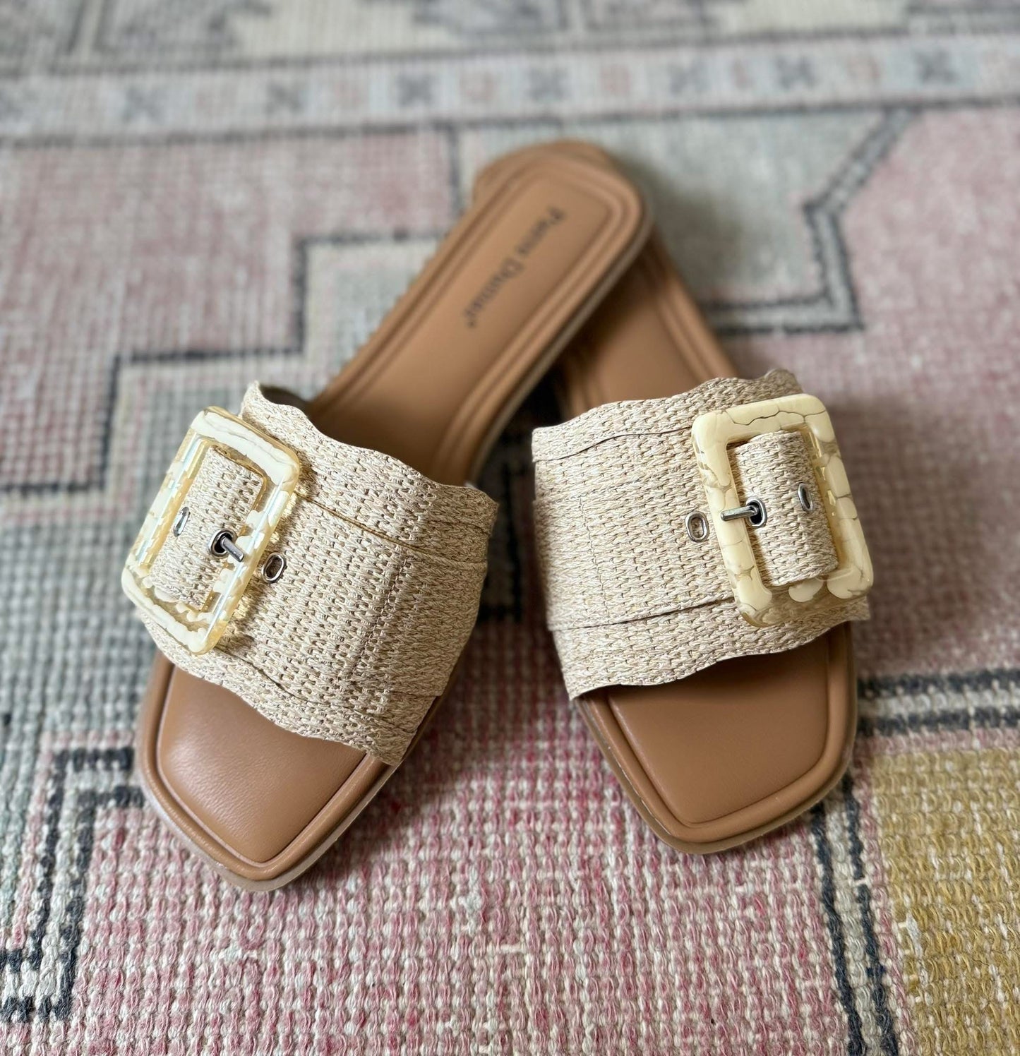 Emy Buckle Raffia Slides (SALE)