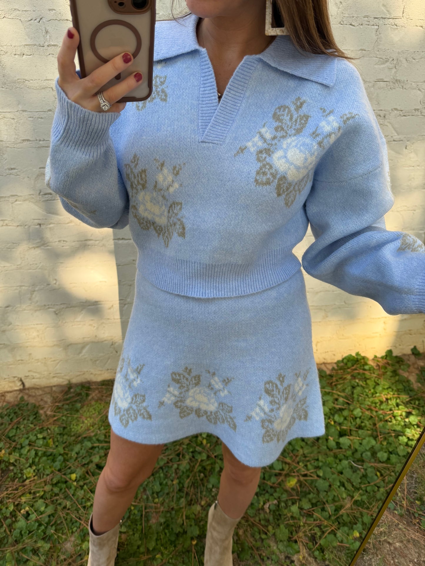 POWDER BLUE FLORAL SWEATER SKIRT SET
