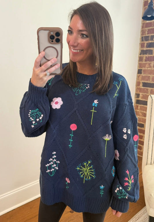 FLORAL EMBROIDERED CABLE KNIT SWEATER - NAVY