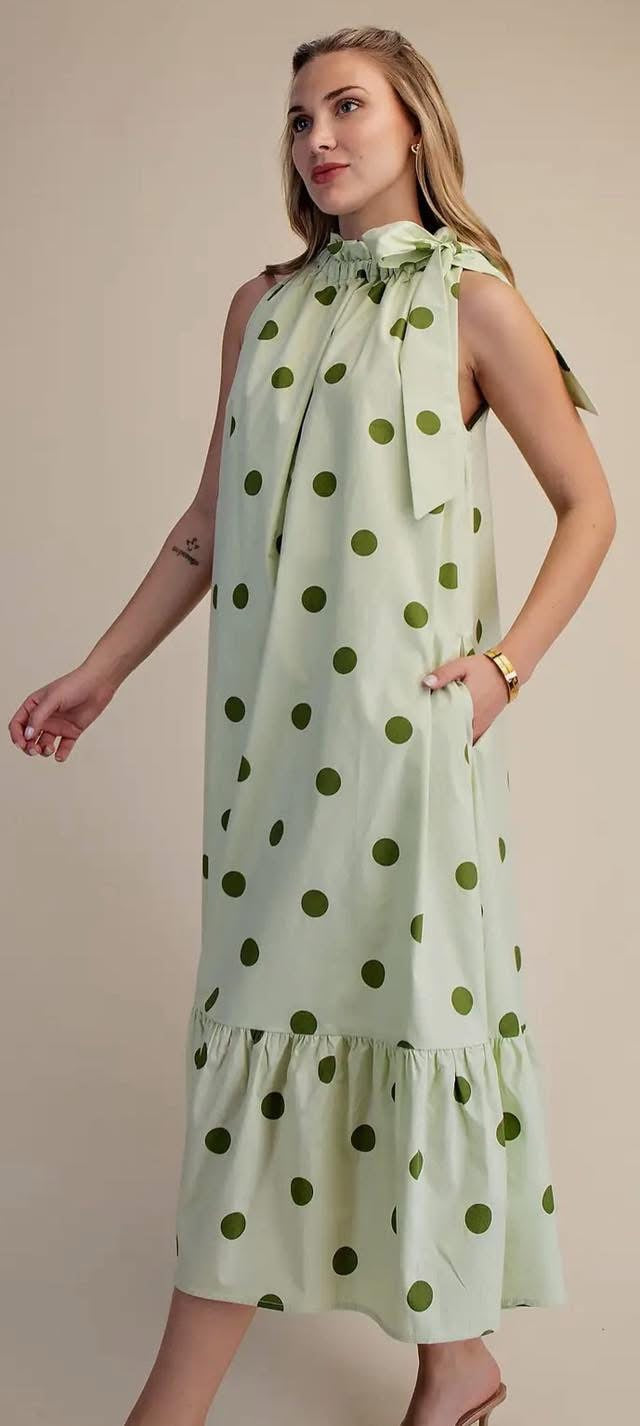RUFFLED NECK TIE POLKA DOT MIDI - GREEN