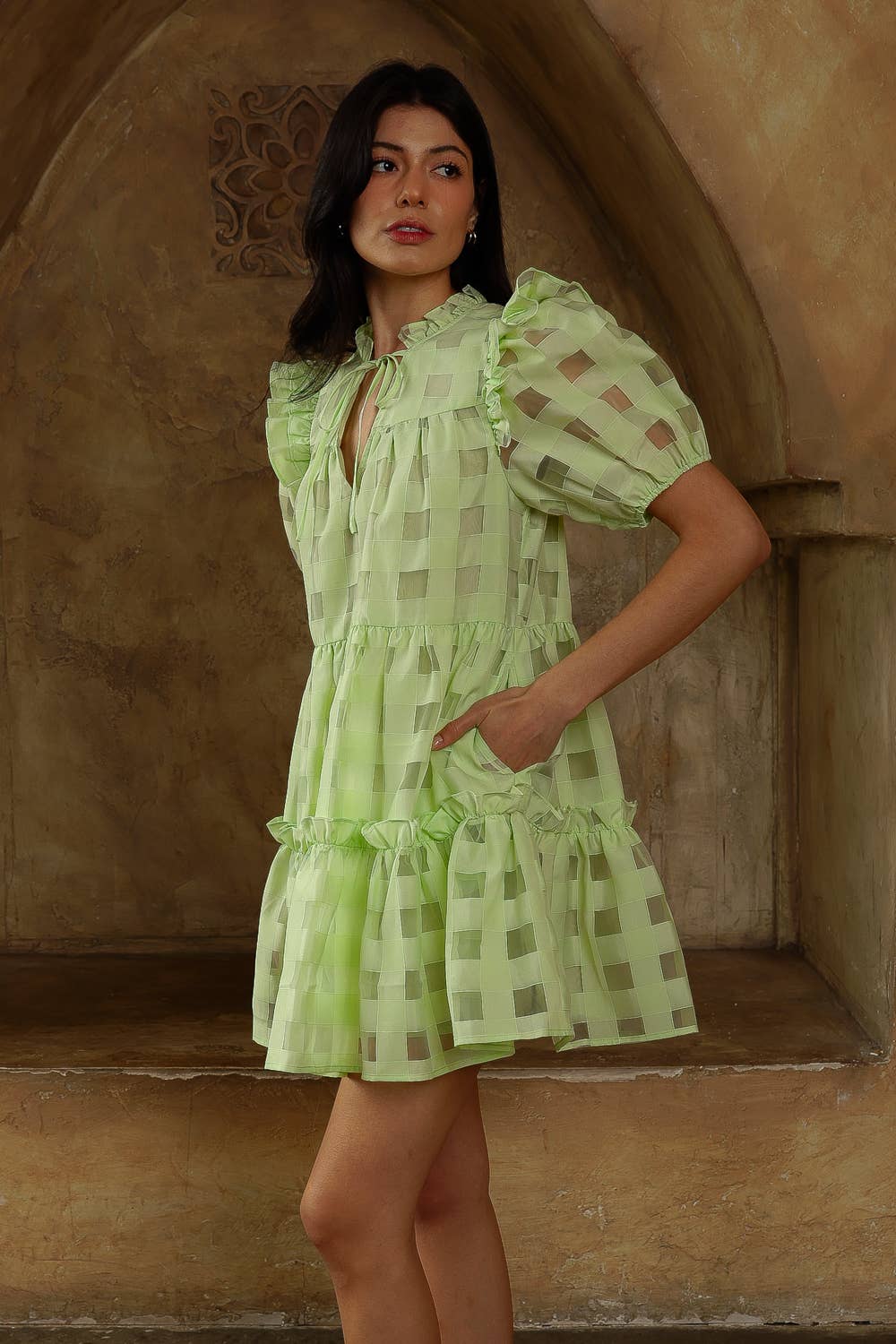 CHECKERED TIERED MINI DRESS