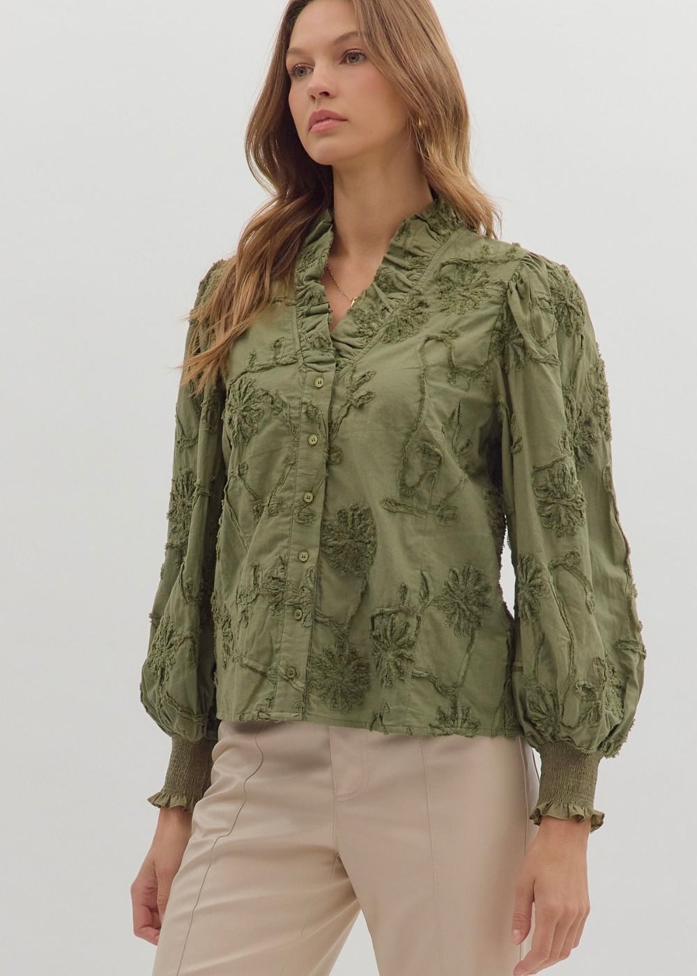 OLIVE APPLIQUÉ BLOUSE