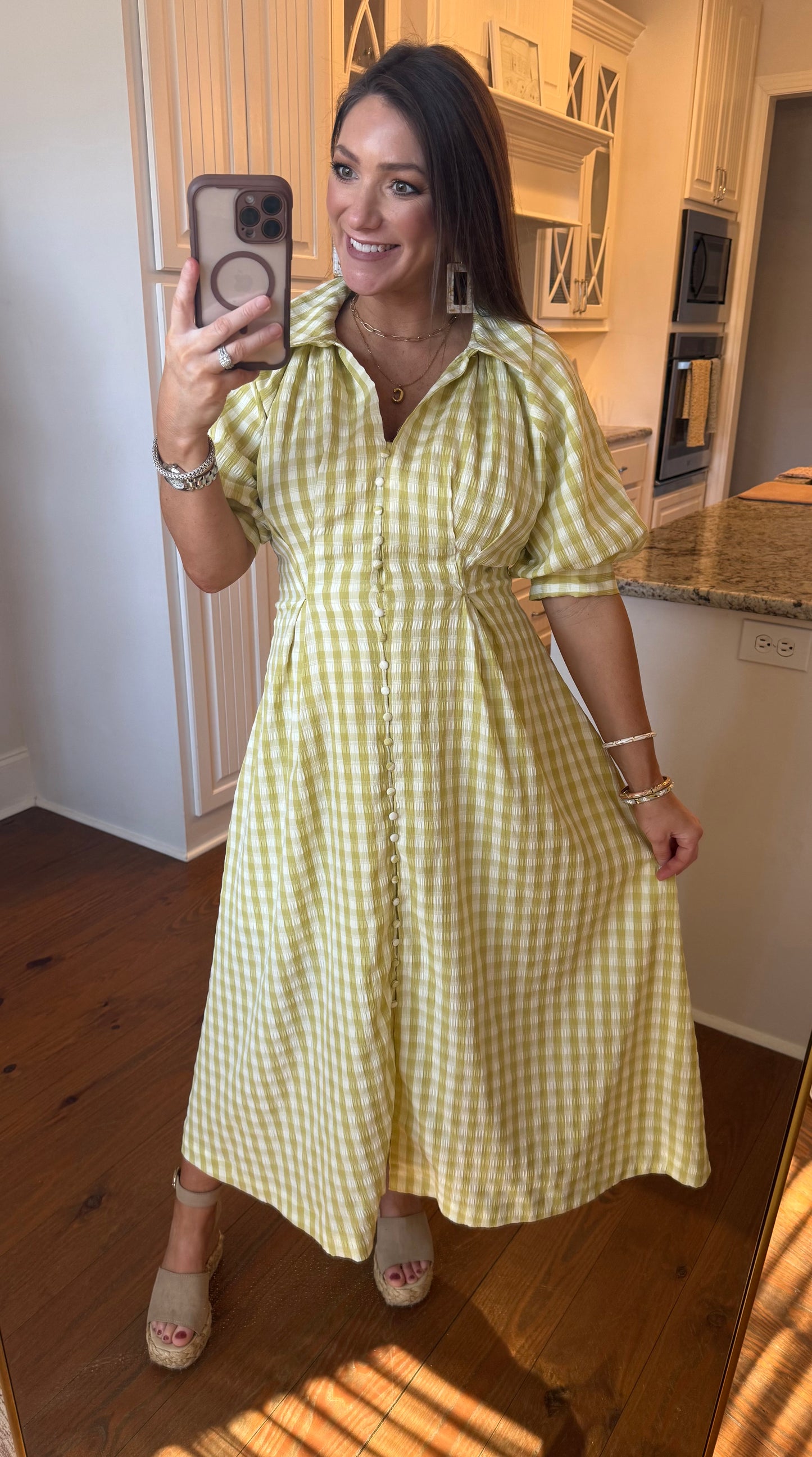 GINGHAM PUFF SLEEVE MIDI - PISTACHIO