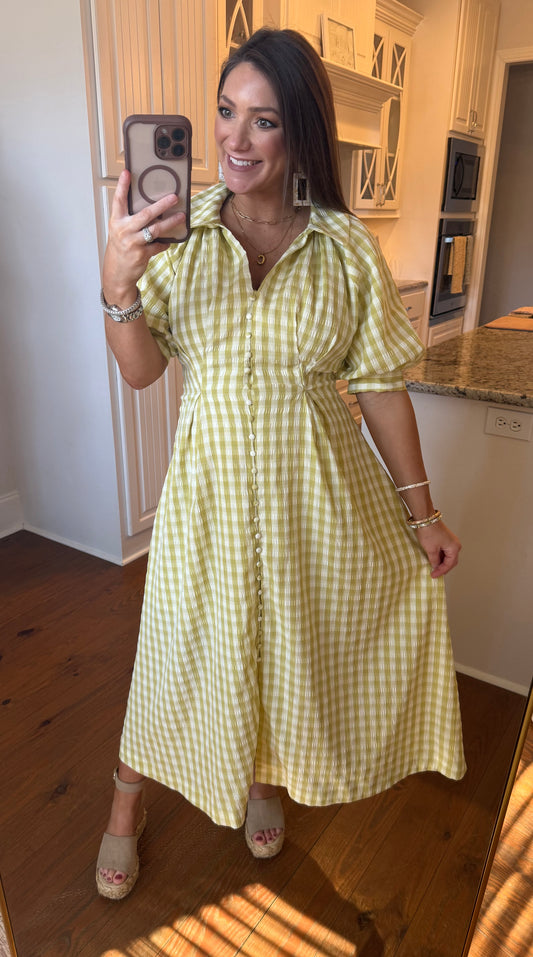 GINGHAM PUFF SLEEVE MIDI - PISTACHIO