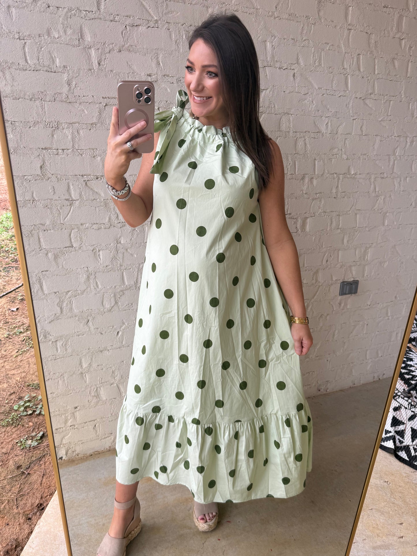 RUFFLED NECK TIE POLKA DOT MIDI - GREEN