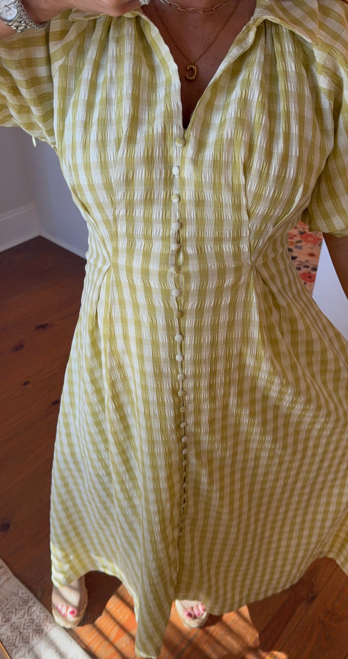 GINGHAM PUFF SLEEVE MIDI - PISTACHIO