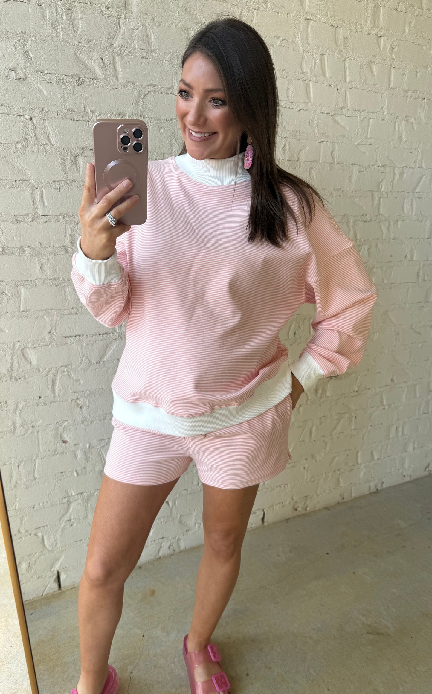 MOCK NECK STRIPED SWEATSHIRT TOP & SHORT SET - PEACH