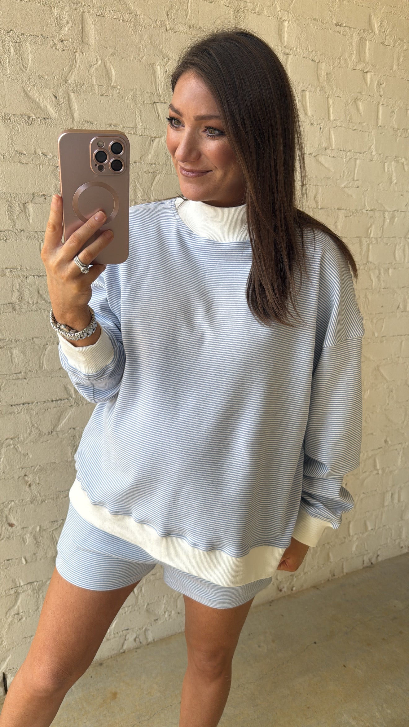 MOCK NECK STRIPED SWEATSHIRT TOP & SHORT SET - BLUE