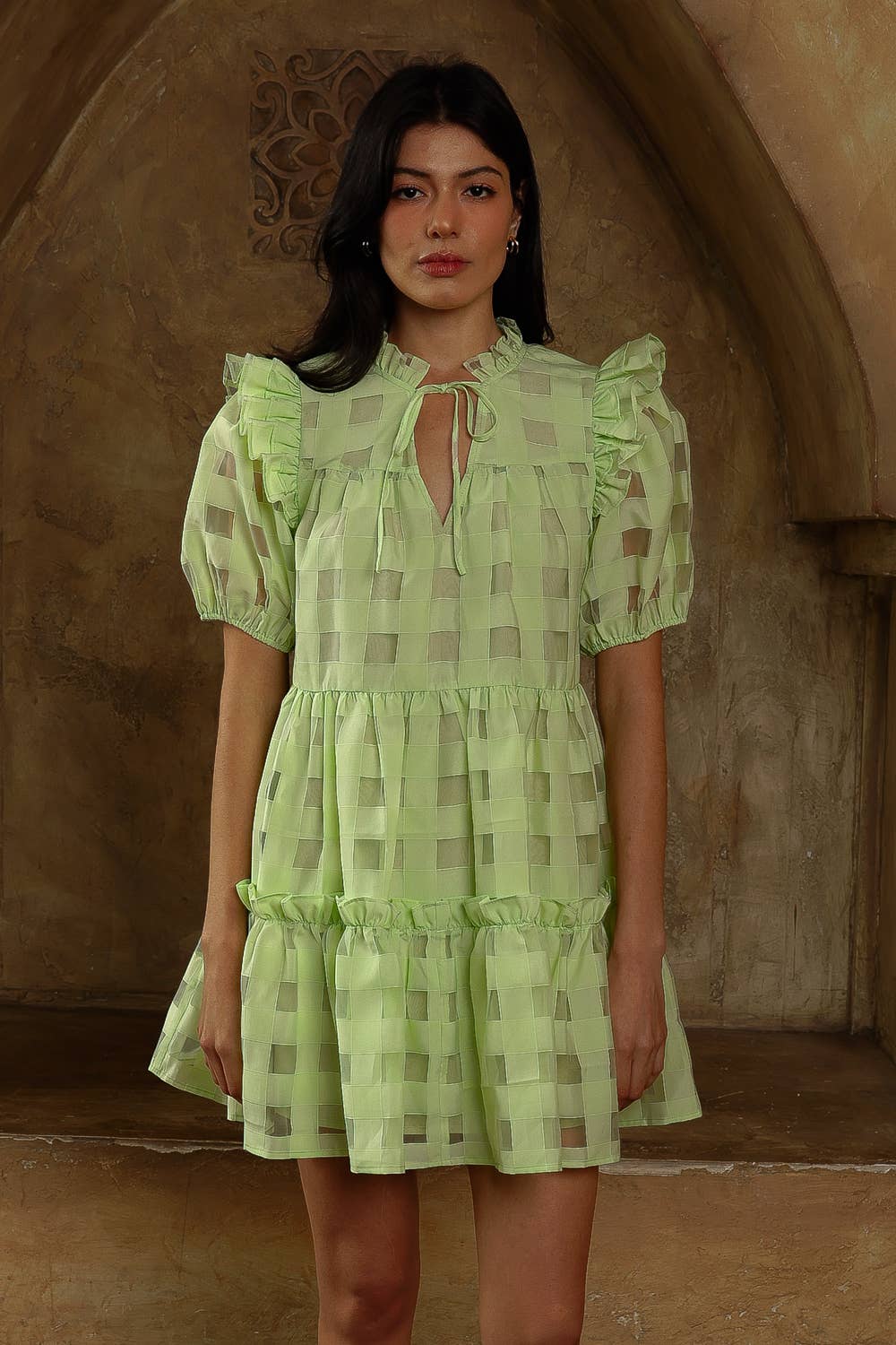 CHECKERED TIERED MINI DRESS