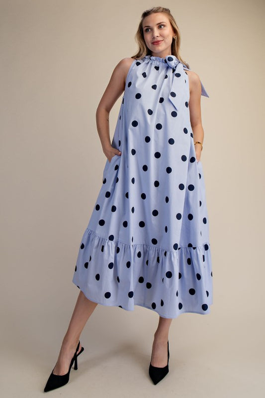 RUFFLED NECK TIE POLKA DOT MIDI - BLUE