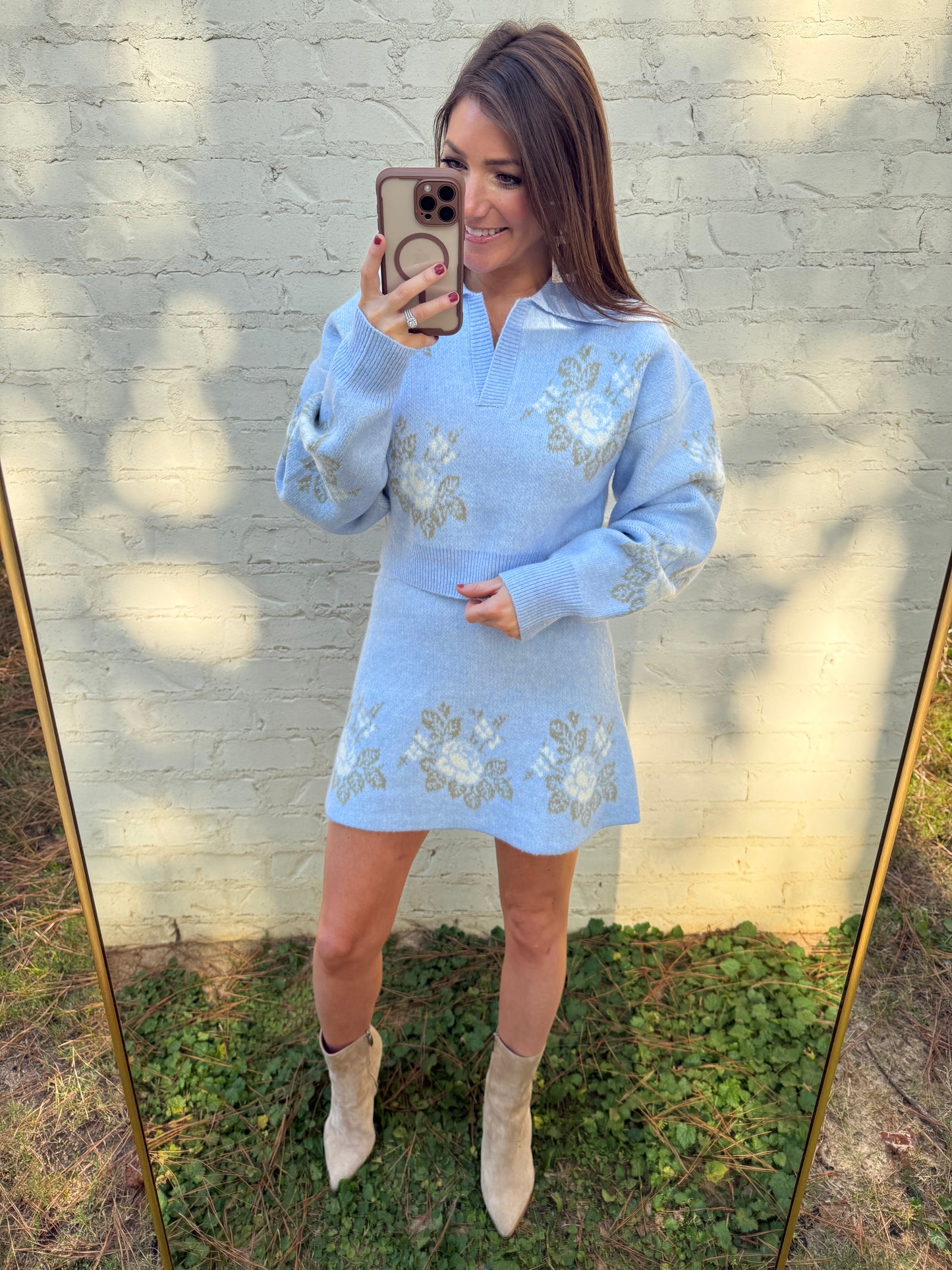POWDER BLUE FLORAL SWEATER SKIRT SET