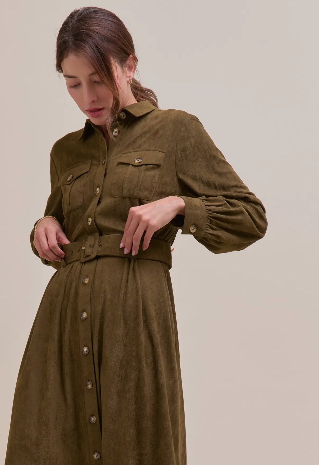 SUEDE SHIRT MIDI DRESS