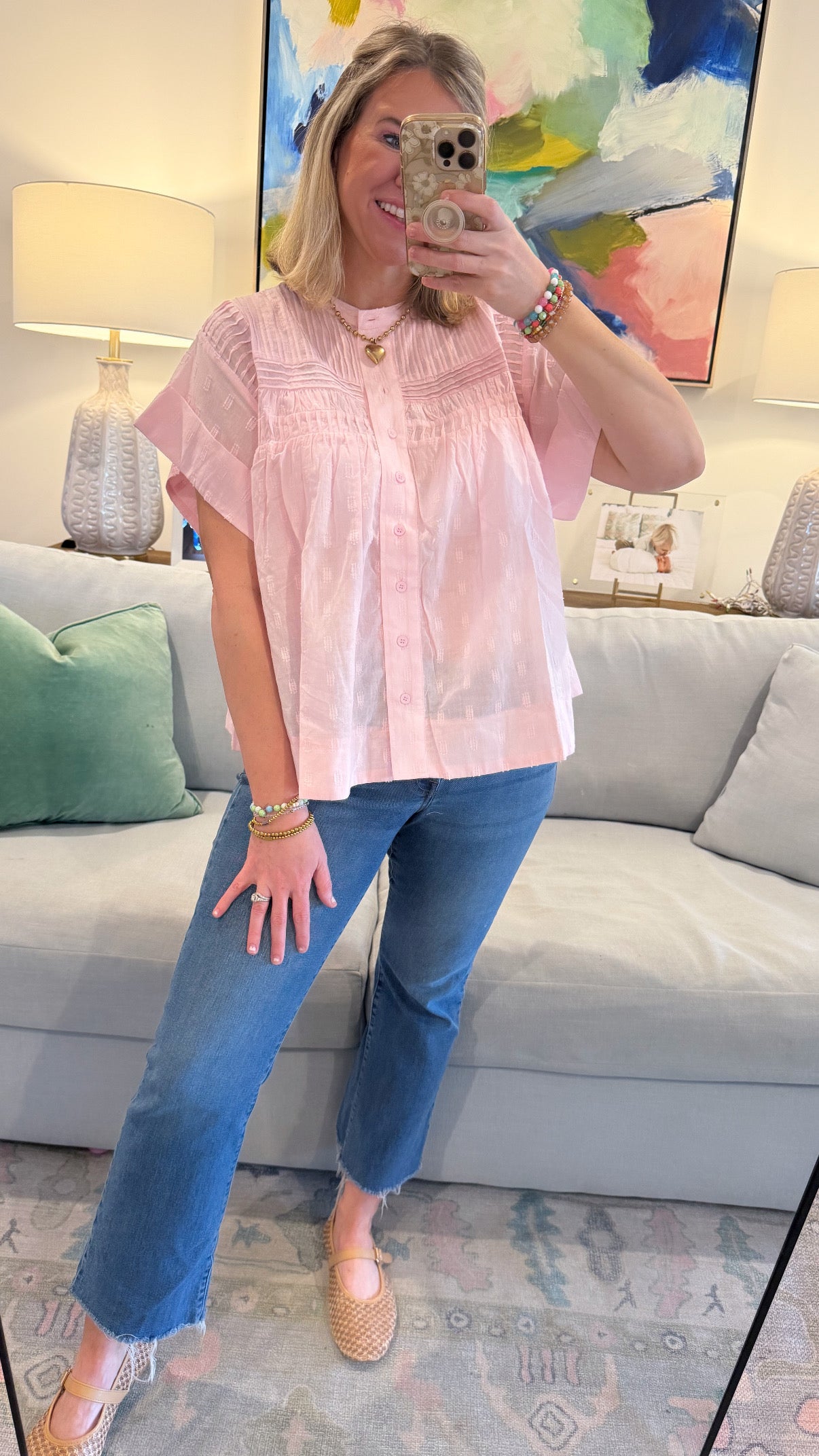 RUFFLED BUTTON UP BABY PINK TOP