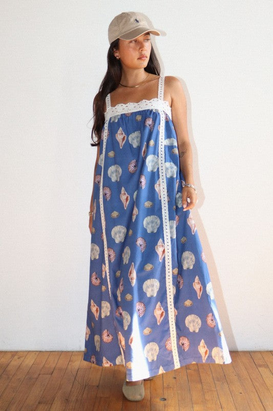 SEASHELL PRINT LACE TRIM MAXI DRESS