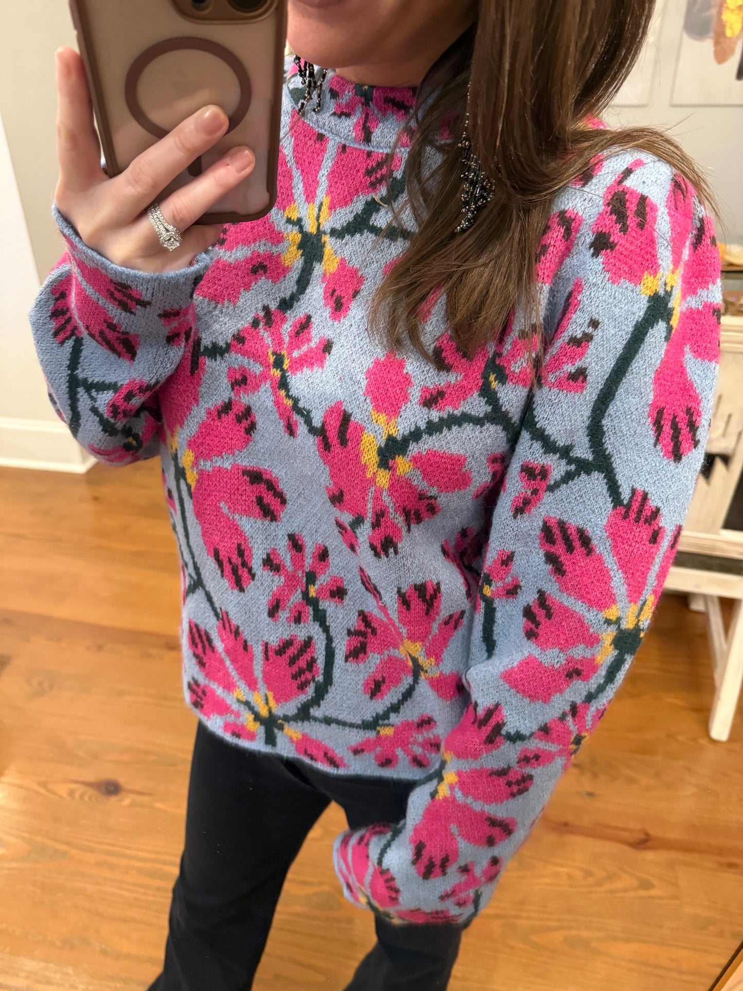 WINTER BLUE FLORAL SWEATER