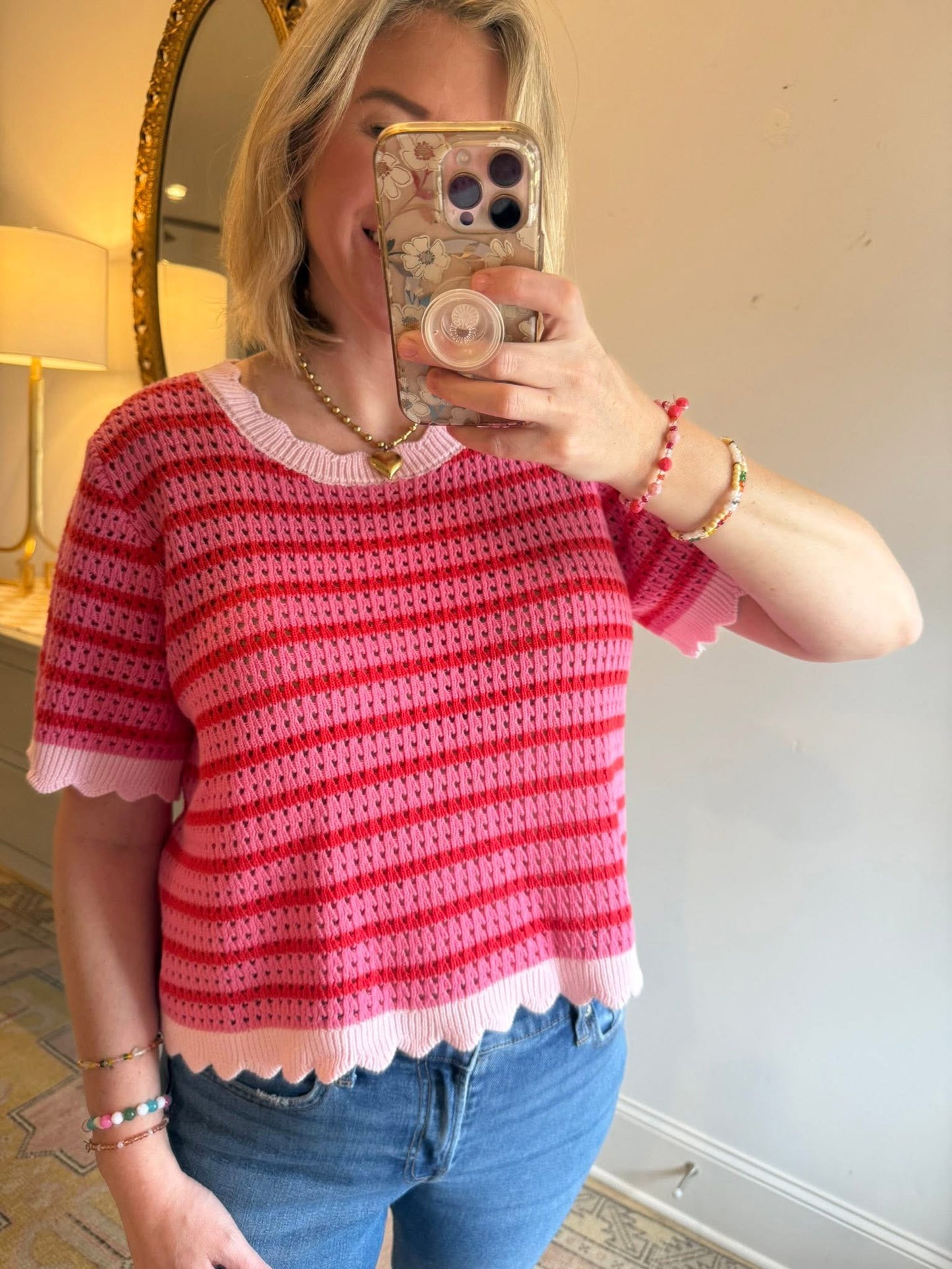 STRIPE CROCHET SWEATER TOP