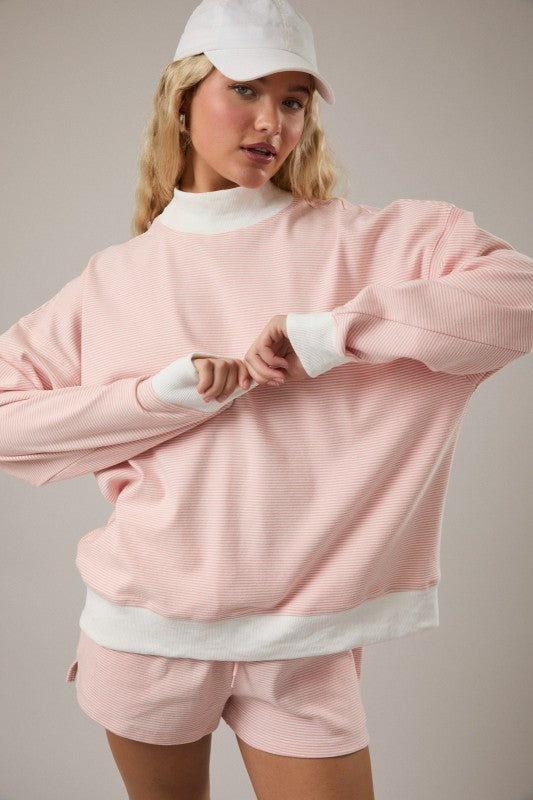 MOCK NECK STRIPED SWEATSHIRT TOP & SHORT SET - PEACH