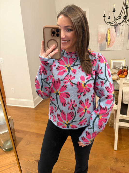 WINTER BLUE FLORAL SWEATER