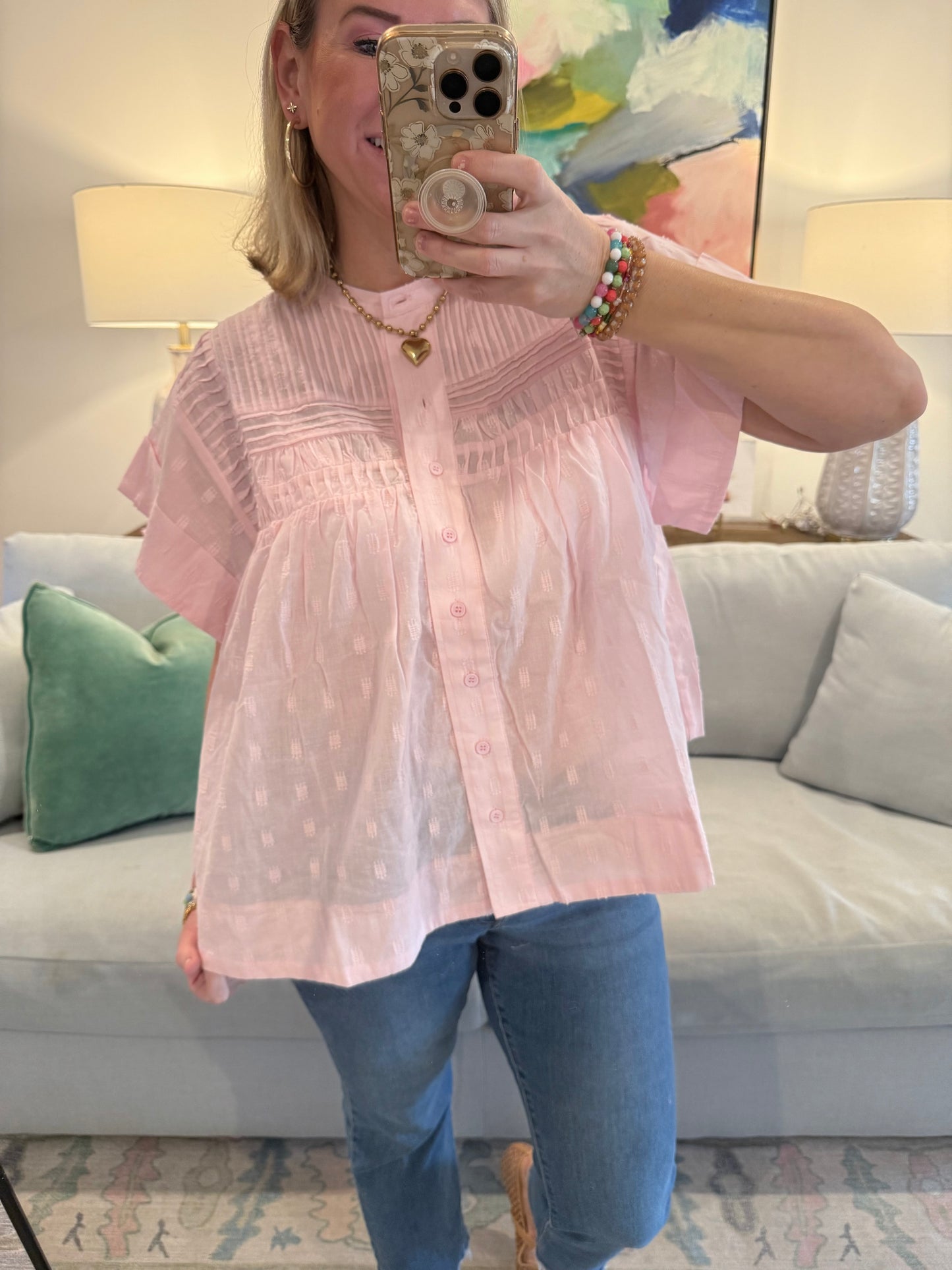 RUFFLED BUTTON UP BABY PINK TOP