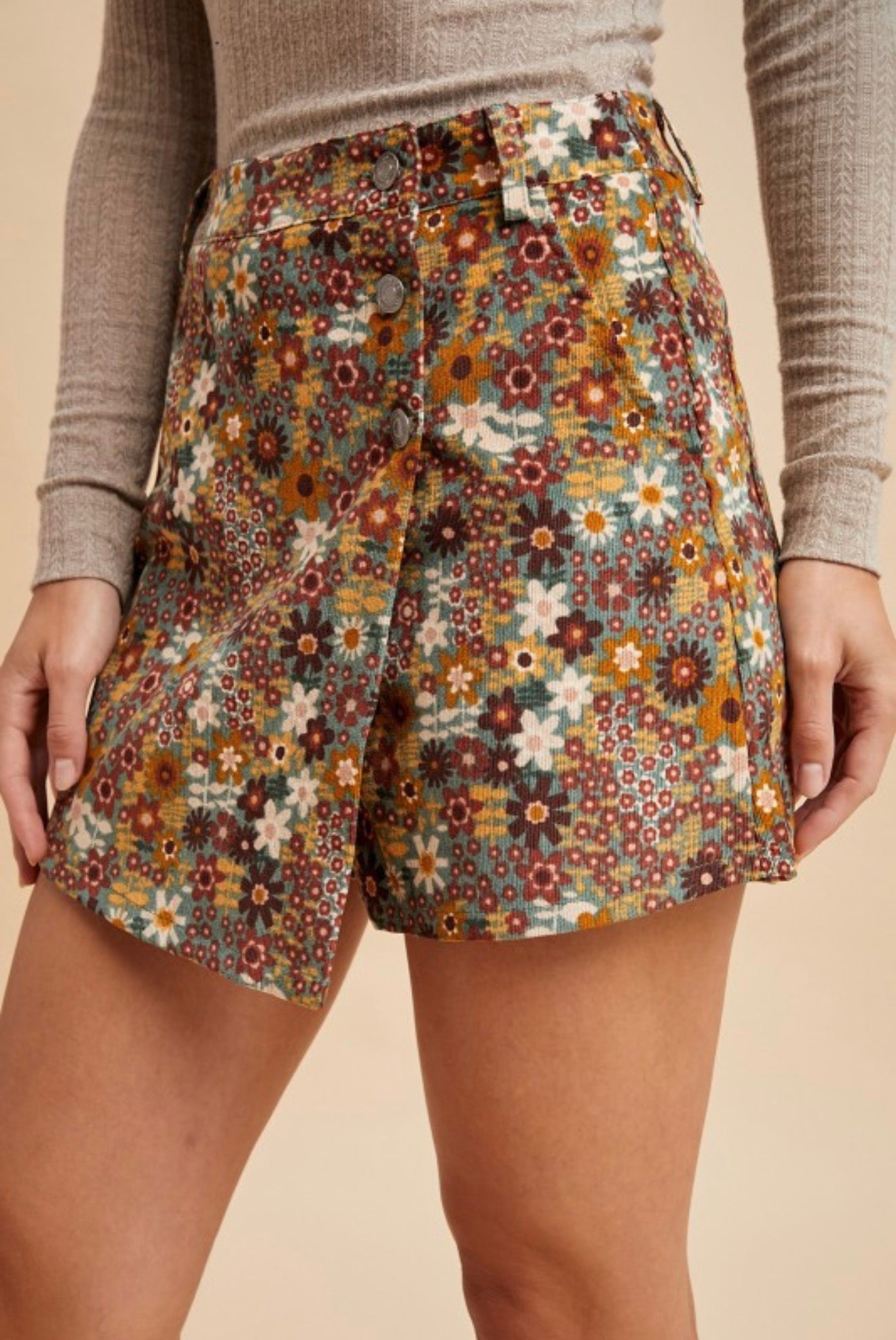 FLORAL CORDUROY WRAP SKORT