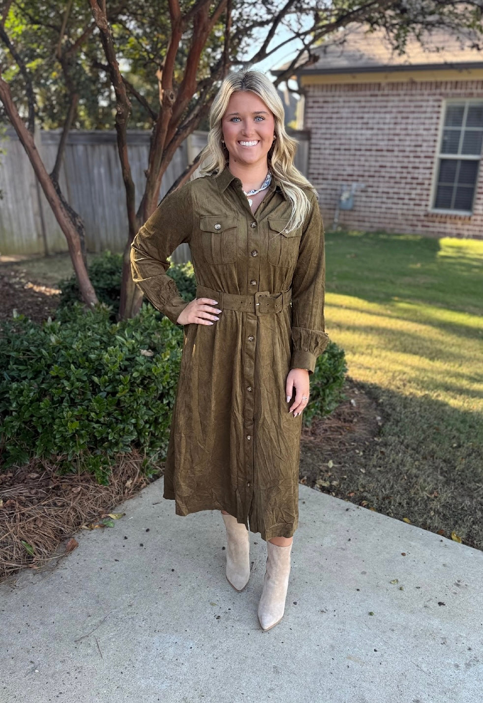 SUEDE SHIRT MIDI DRESS