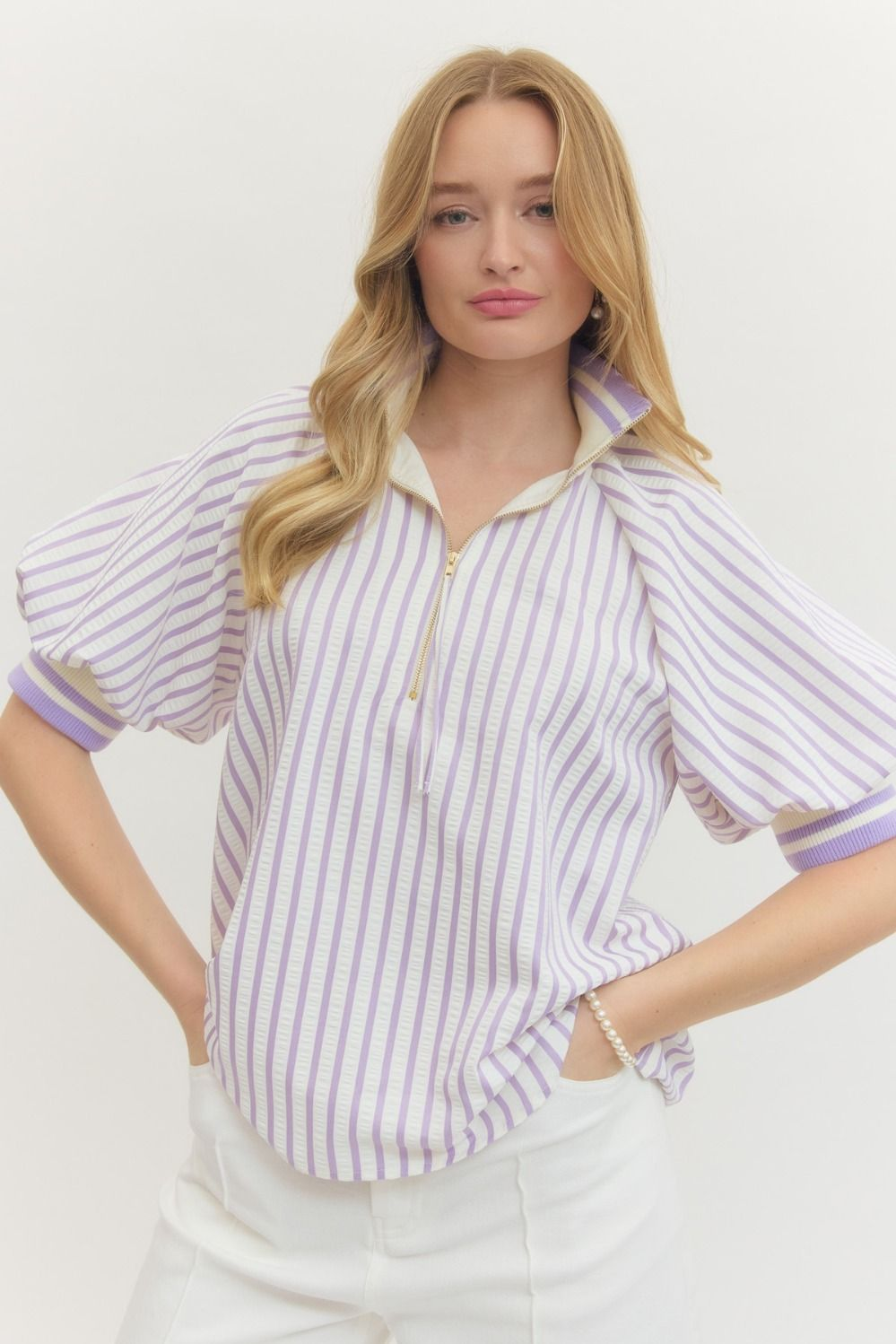 STRIPED COLLARED BLOUSE - LAVENDER