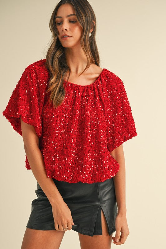 SEQUIN/VELVET BUBBLE HEM BLOUSE