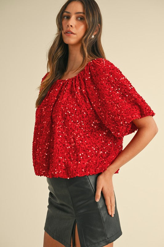 SEQUIN/VELVET BUBBLE HEM BLOUSE