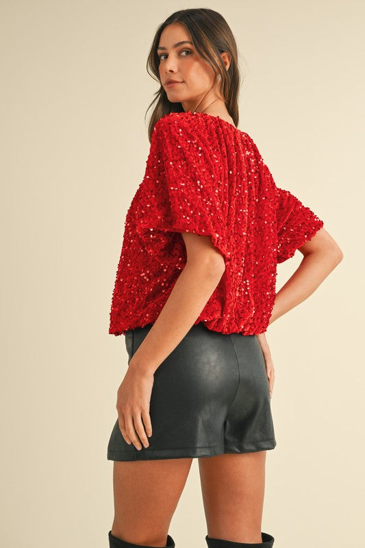 SEQUIN/VELVET BUBBLE HEM BLOUSE