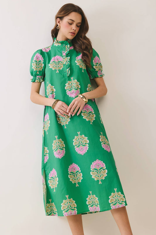 FLORAL PRINT RUFFLE COLLAR MIDI